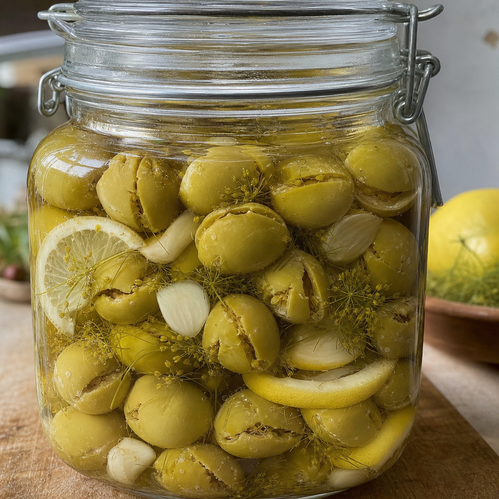 Bowl of cracked green olives in brine with lemon slices and fennel