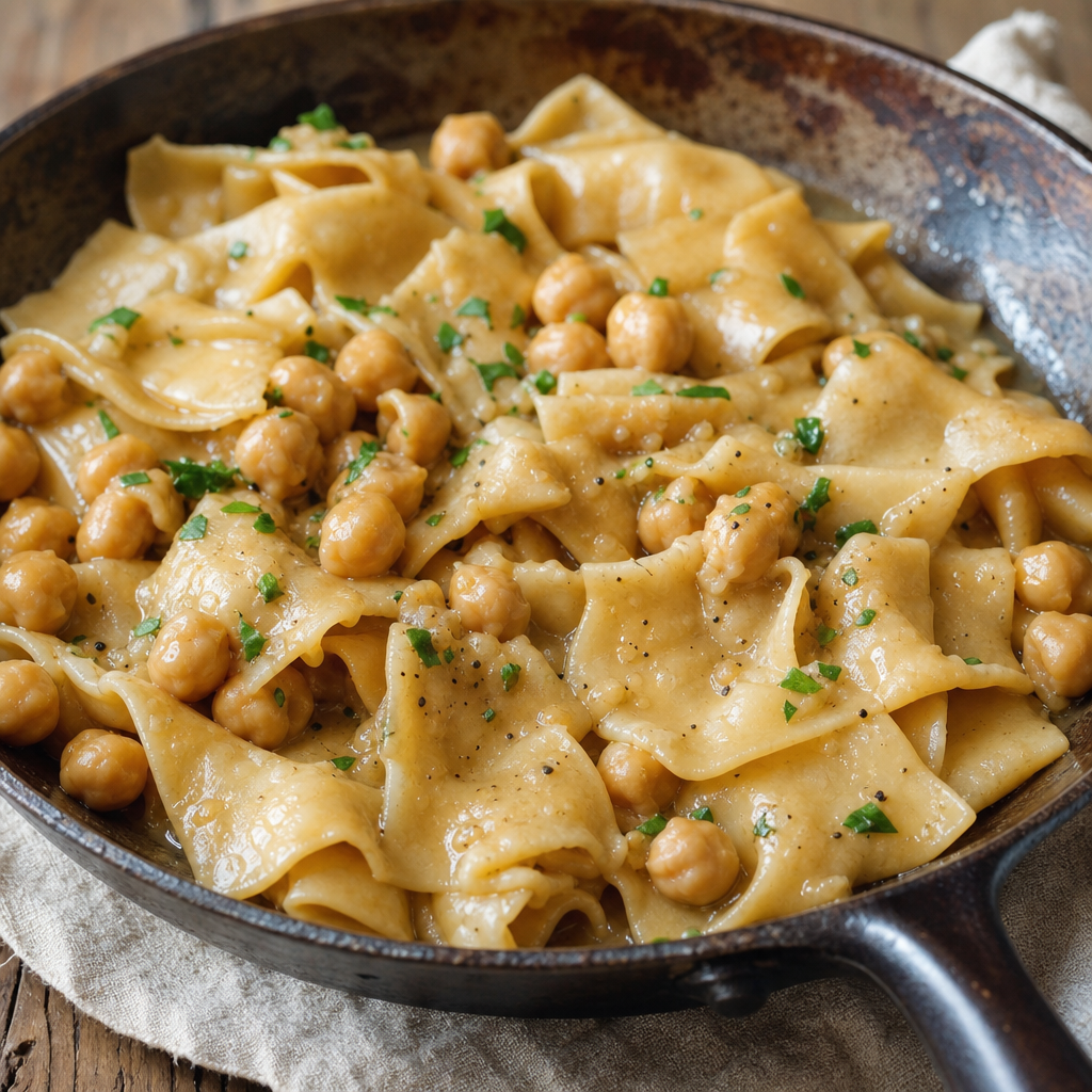 Wide hand-cut noodles tangled with whole chickpeas and rosemary in a pan