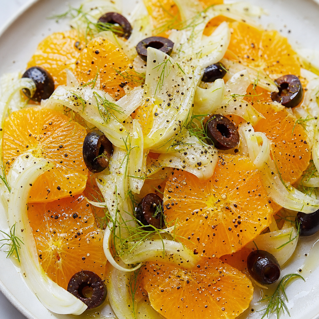 Sliced oranges with shaved fennel and black olives dressed in olive oil