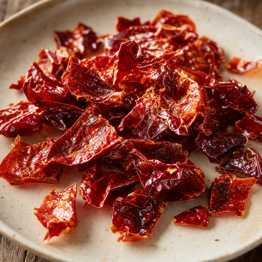 Deep red dried peppers fried crisp and piled on a plate