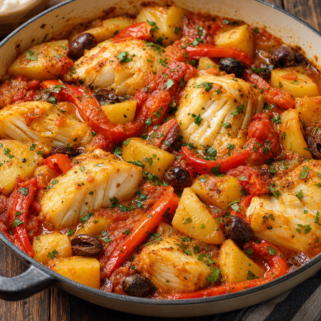 Salt cod pieces stewed with potatoes, red peppers and black olives in tomato