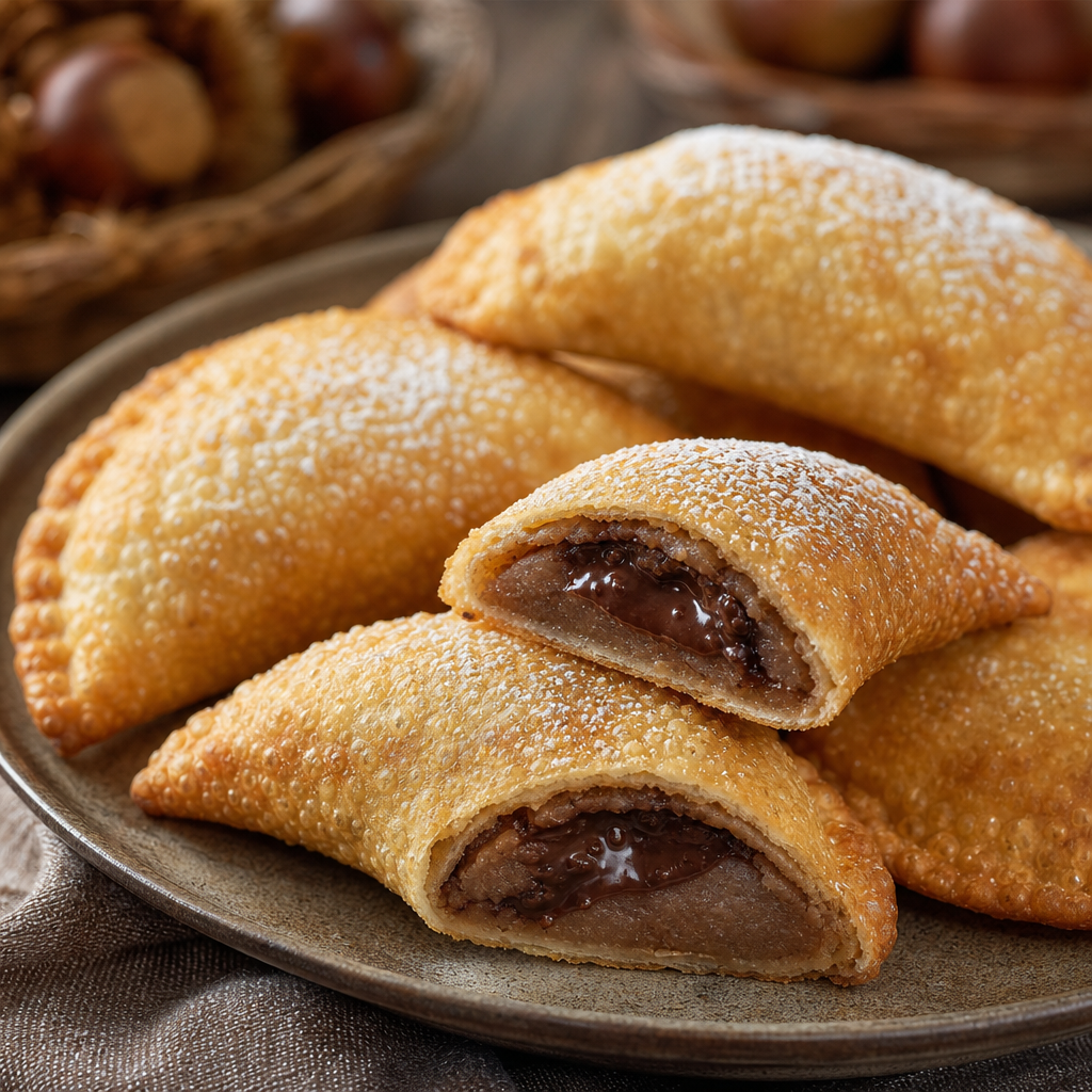 Fried half-moon pastries with blistered crusts dusted with sugar