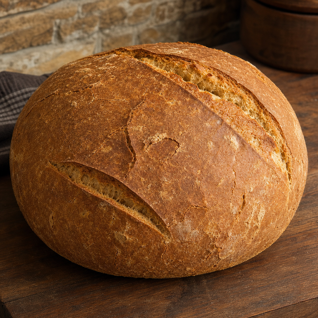 Large round durum loaf cut open to show a thick crust and ivory crumb