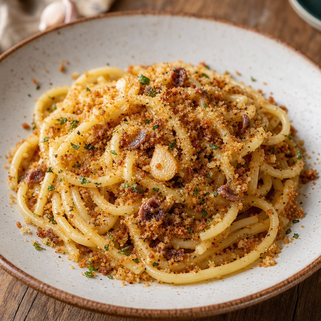Long pasta tossed with golden toasted breadcrumbs, garlic and parsley