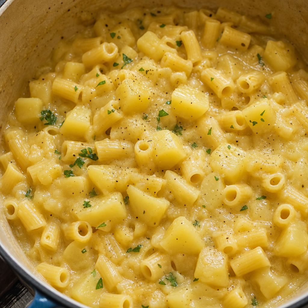 Thick pasta and potato stew in a shallow bowl, glossy with olive oil