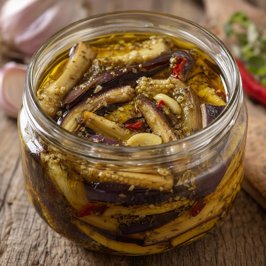 Jar of eggplant strips packed in olive oil with garlic and chilli flakes