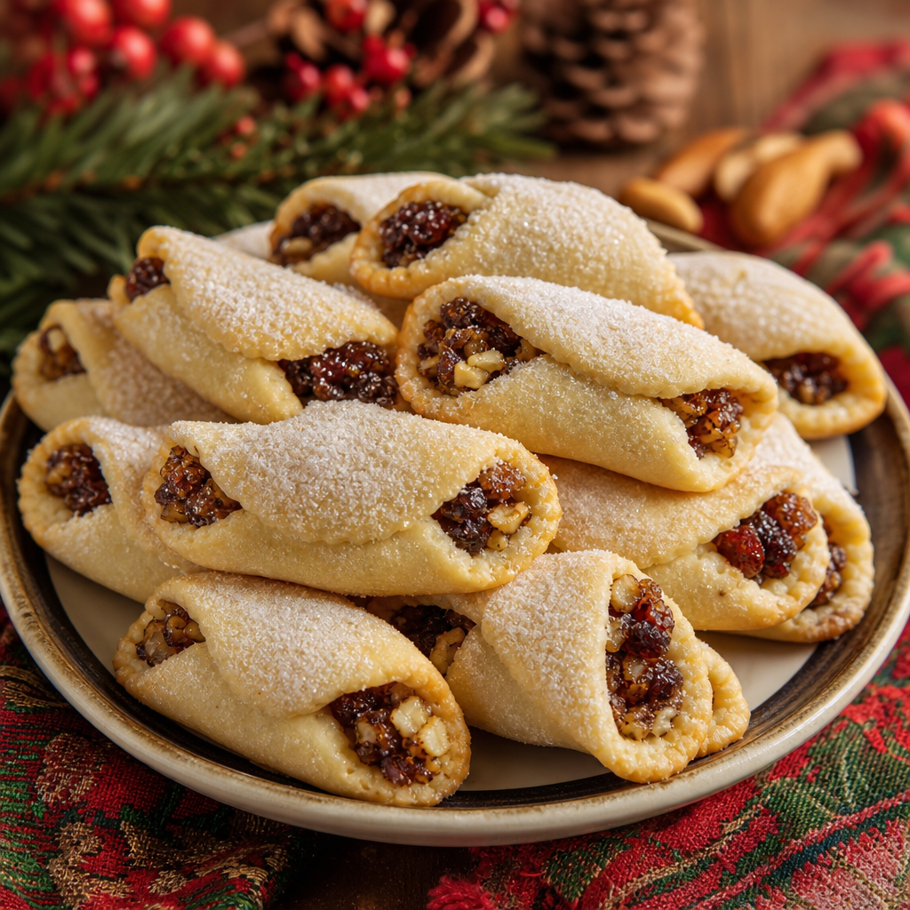 Half-moon filled Calabrian cookies dusted with sugar on a tray