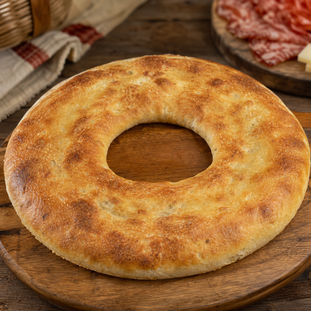 Low ring-shaped Calabrian flatbread with a hole in the centre and a pale crust