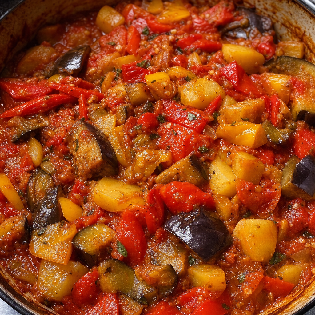 Pan of stewed peppers, eggplant, potato and tomato glistening with olive oil