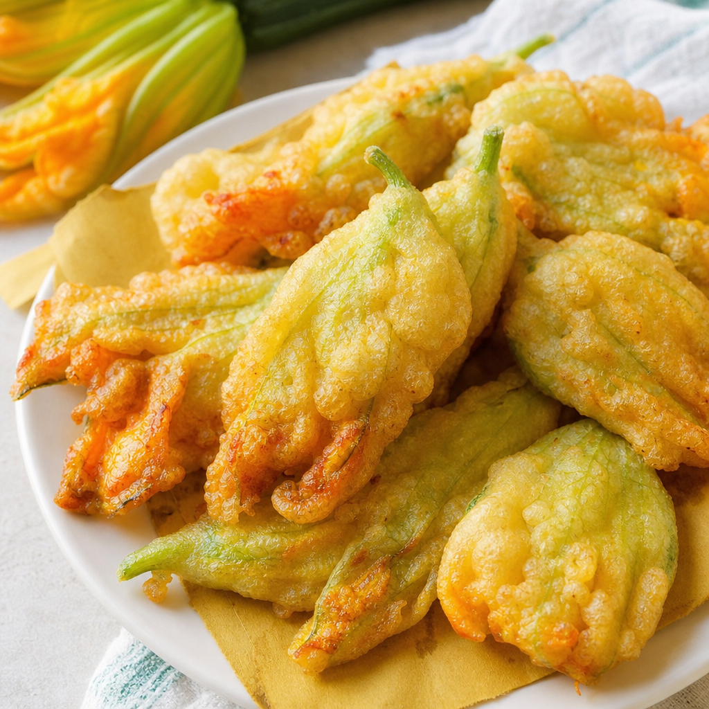 Golden fried zucchini blossom fritters draining on paper