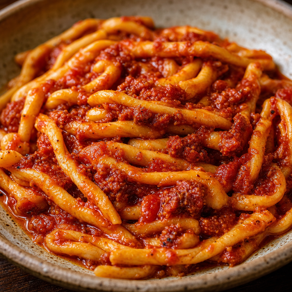 Twisted fileja pasta coated in a red spicy nduja and tomato sauce
