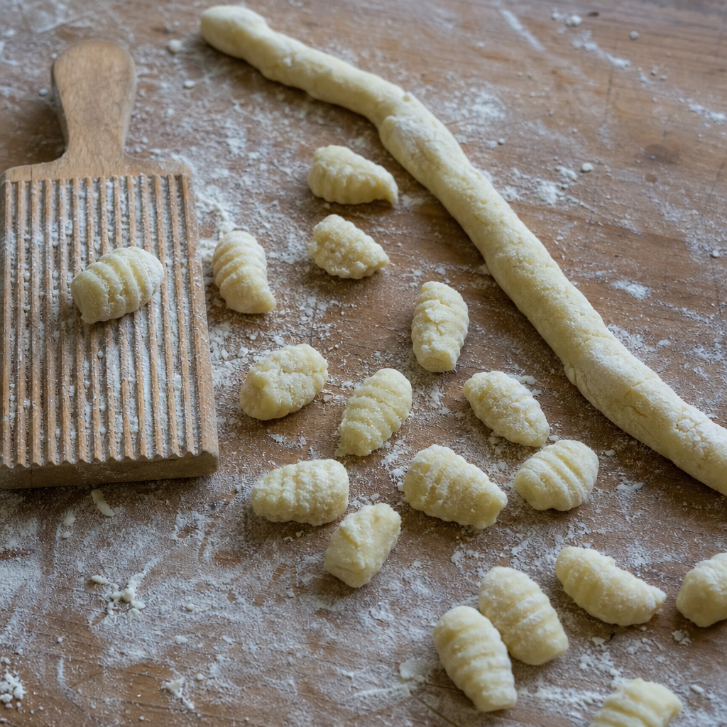 Ridged homemade potato gnocchi dusted with flour on a wooden board
