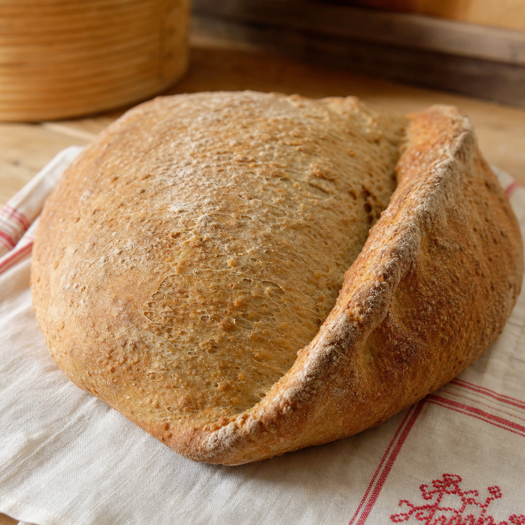Round country loaf with a dark folded ridge along one side and an open crumb