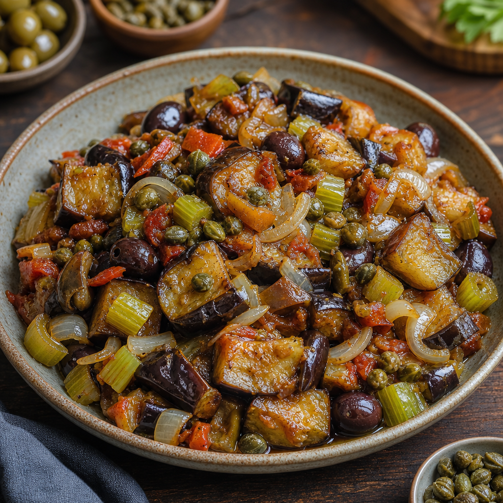 Dish of fried eggplant cubes with celery, olives and capers in a glossy sweet and sour sauce