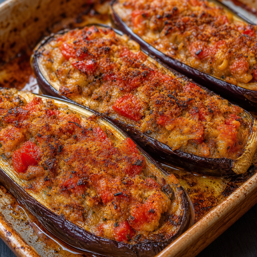 Baked eggplant halves filled with breadcrumb stuffing and browned on top in a tomato-lined dish