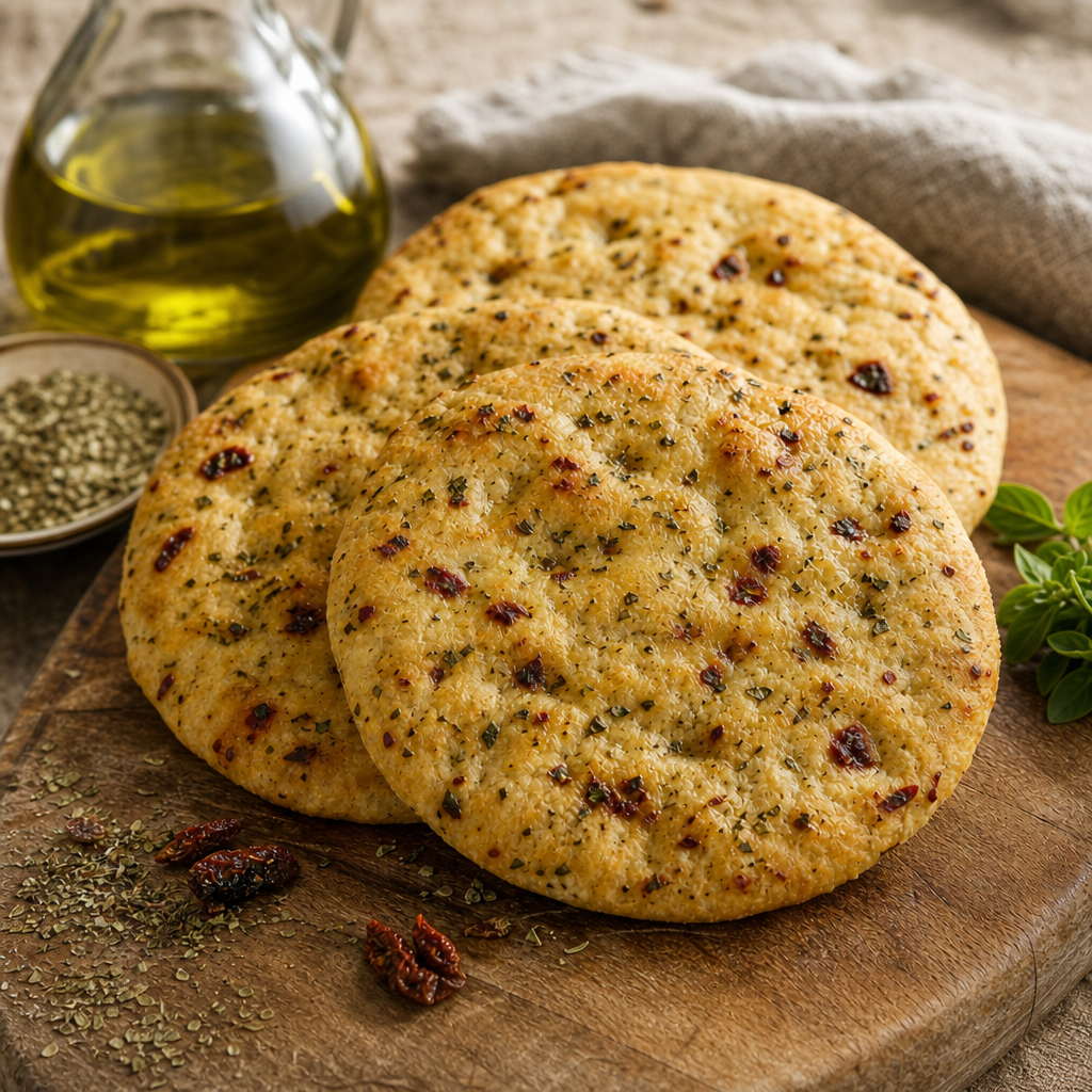 Flat seasoned bread discs flecked with herbs and dried tomato