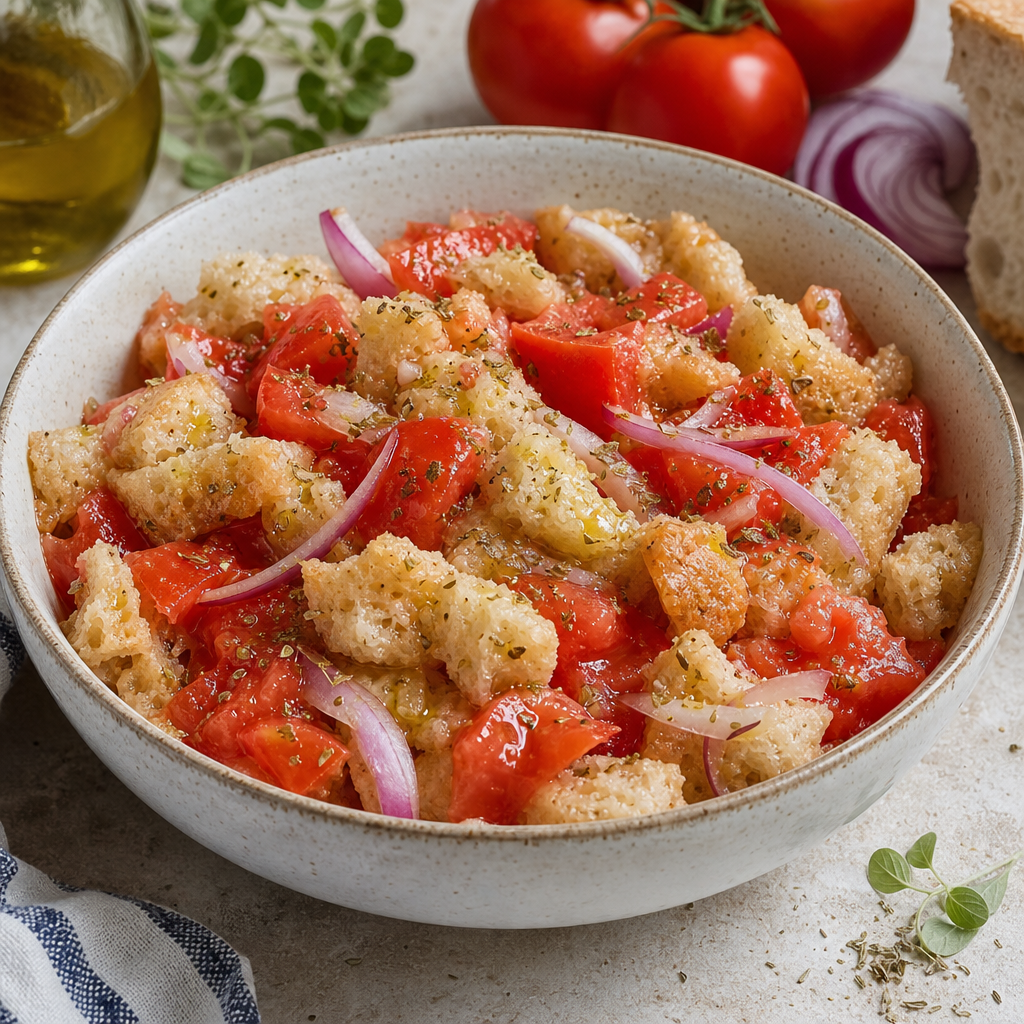 Chunks of softened bread dressed with tomato wedges, sliced onion and oregano