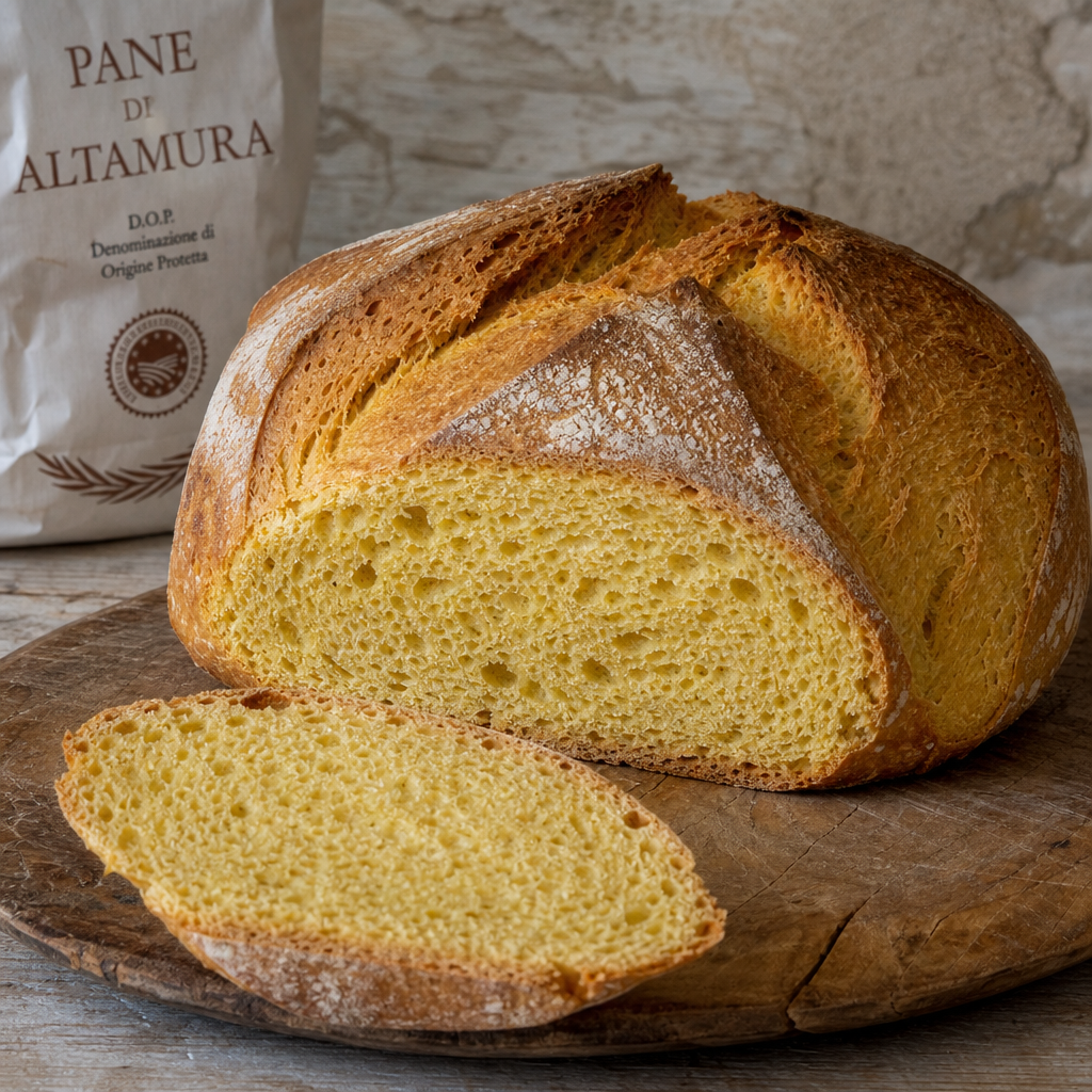 Tall domed semolina loaf with a dark crust and deep yellow crumb