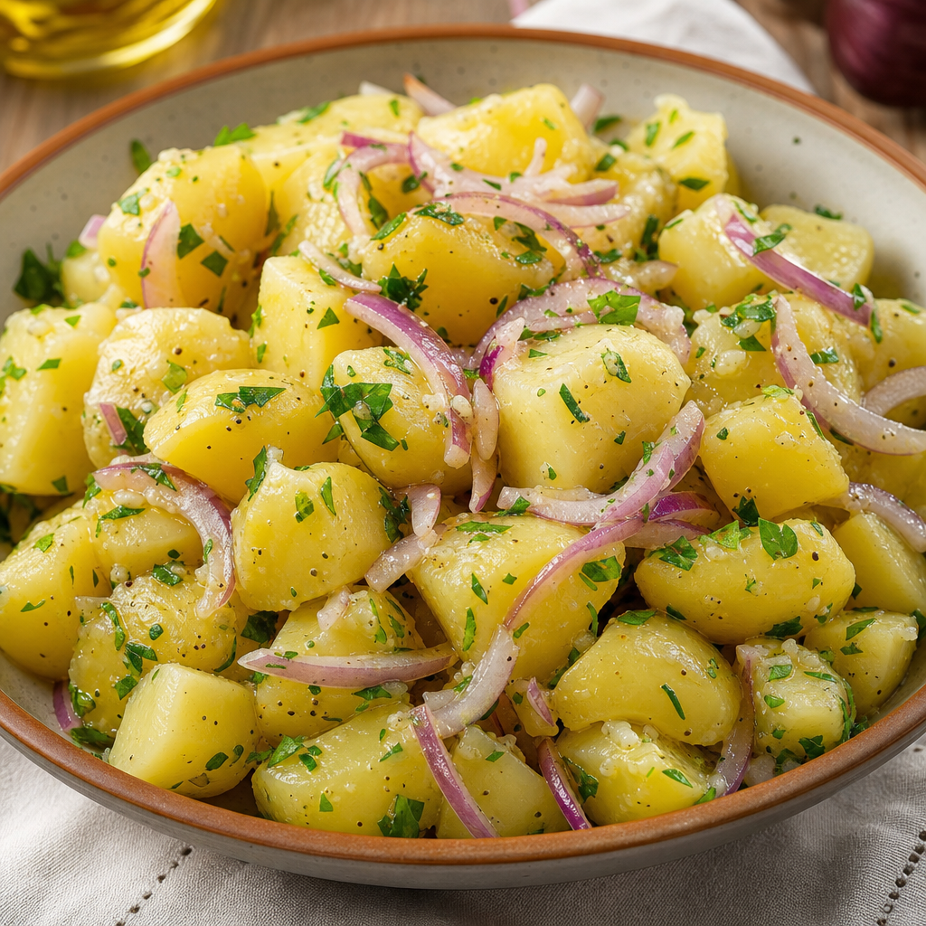 Warm sliced potato salad with red onion and parsley dressed in olive oil