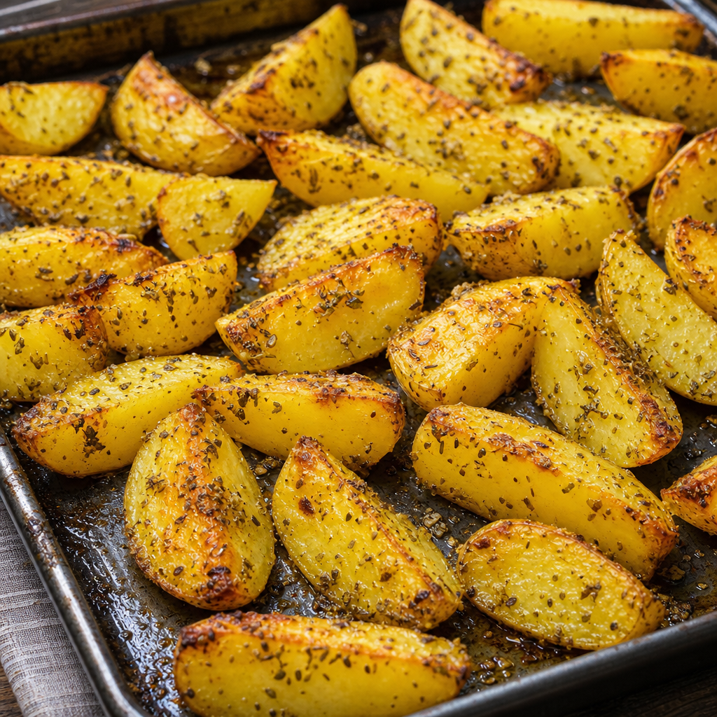 Roasted potato wedges with crisp browned edges flecked with dried oregano