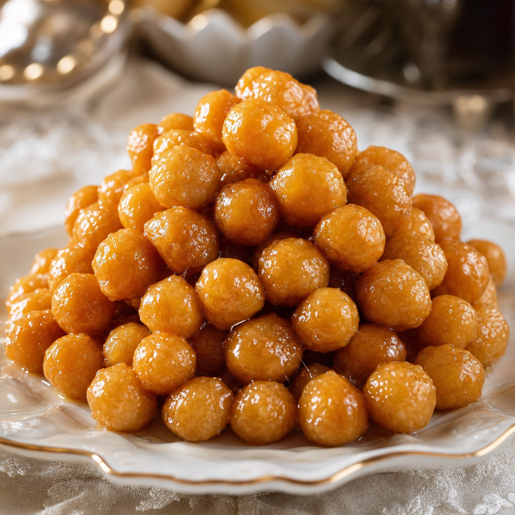 Mound of small honey-coated fried dough balls on a plate