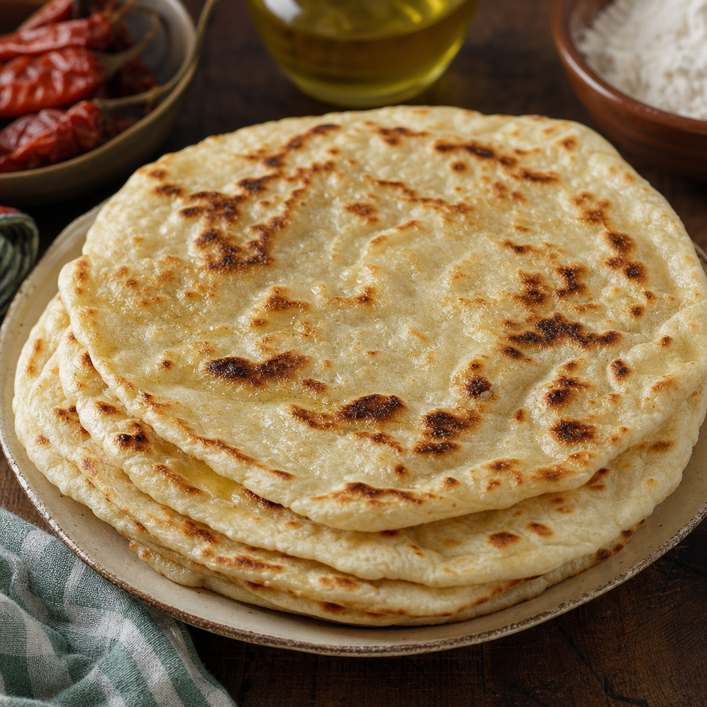 Thin unleavened flatbread with blistered brown spots resting on a pan