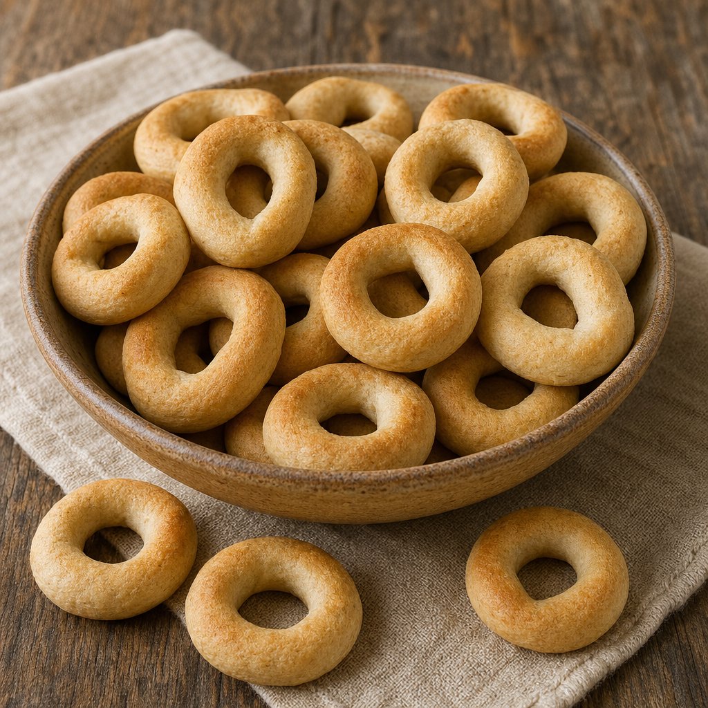 Small pale baked bread rings arranged on a cloth