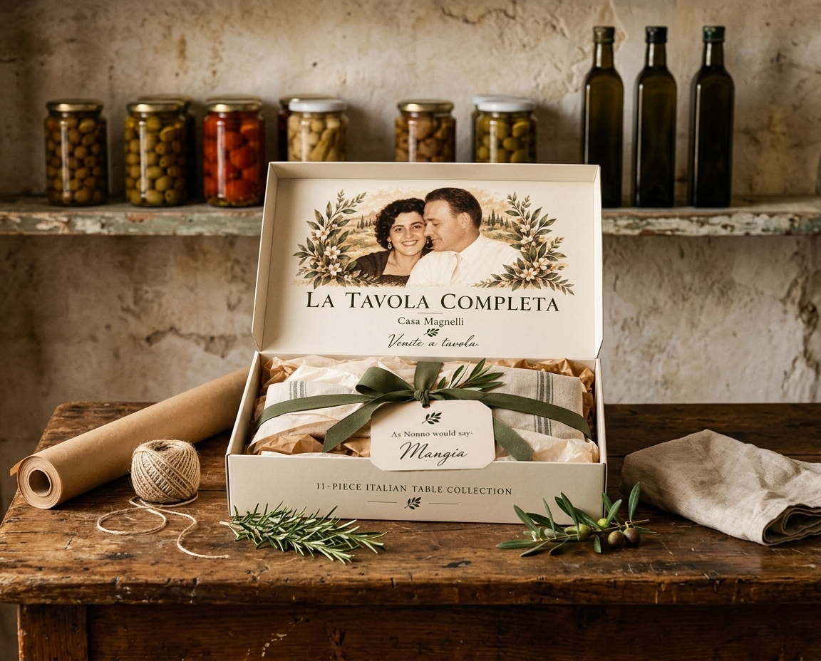 The La Tavola Completa box open on a worn wooden shop counter, wrapped in tissue and tied with olive ribbon, beside kraft paper, twine, rosemary and linen