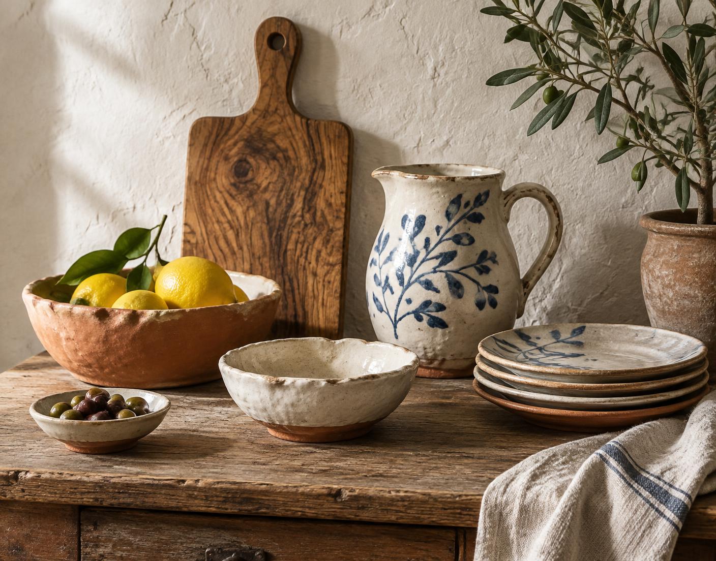 Handmade ceramic bowls, a hand-painted pitcher, stacked plates, an olive wood board and linen on a rustic table