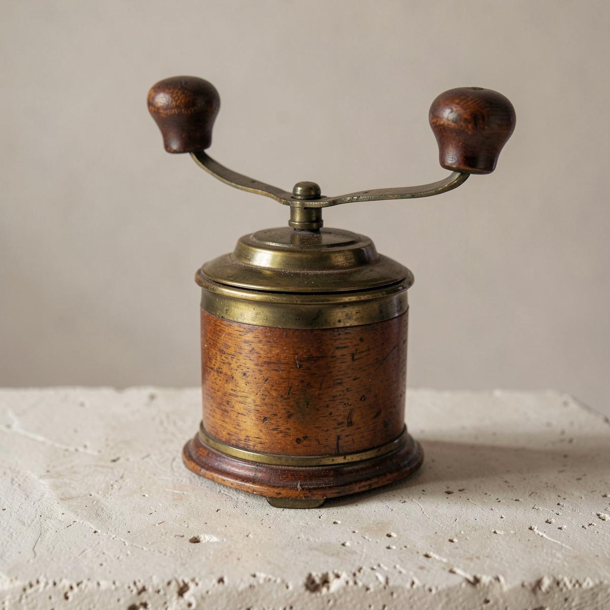 Brass and wood hand-crank coffee grinder