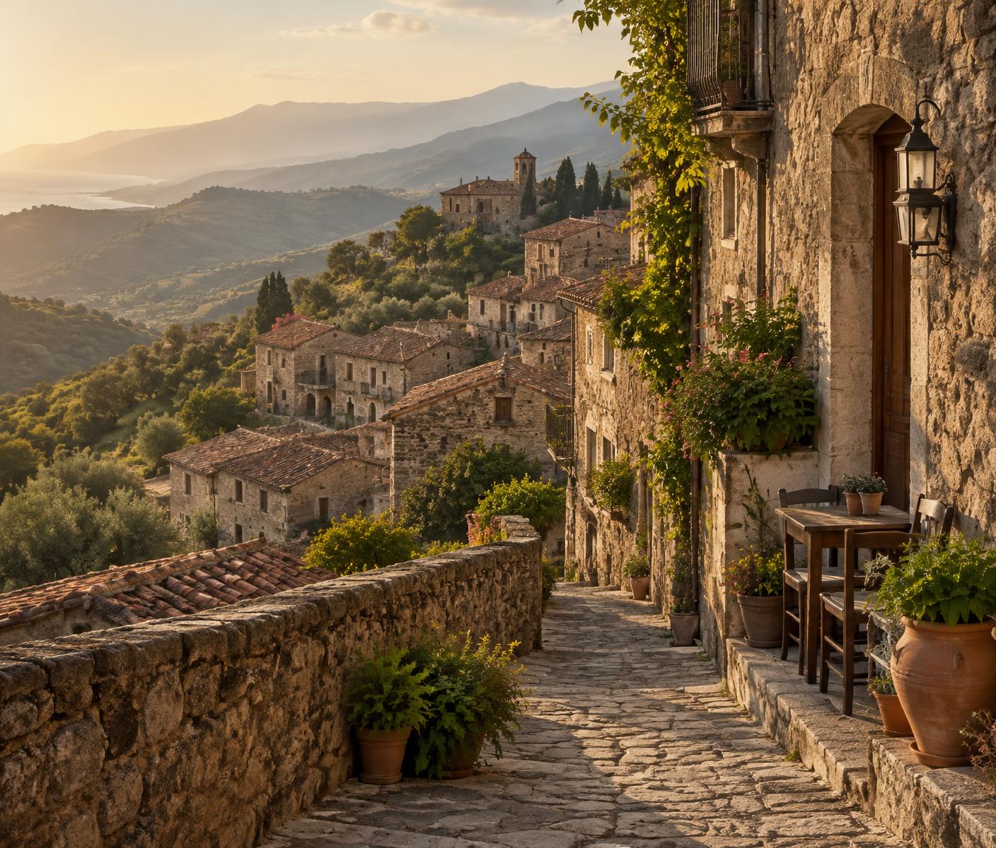 A stone hill village in southern Italy at late afternoon, terracotta roofs and a cobbled lane