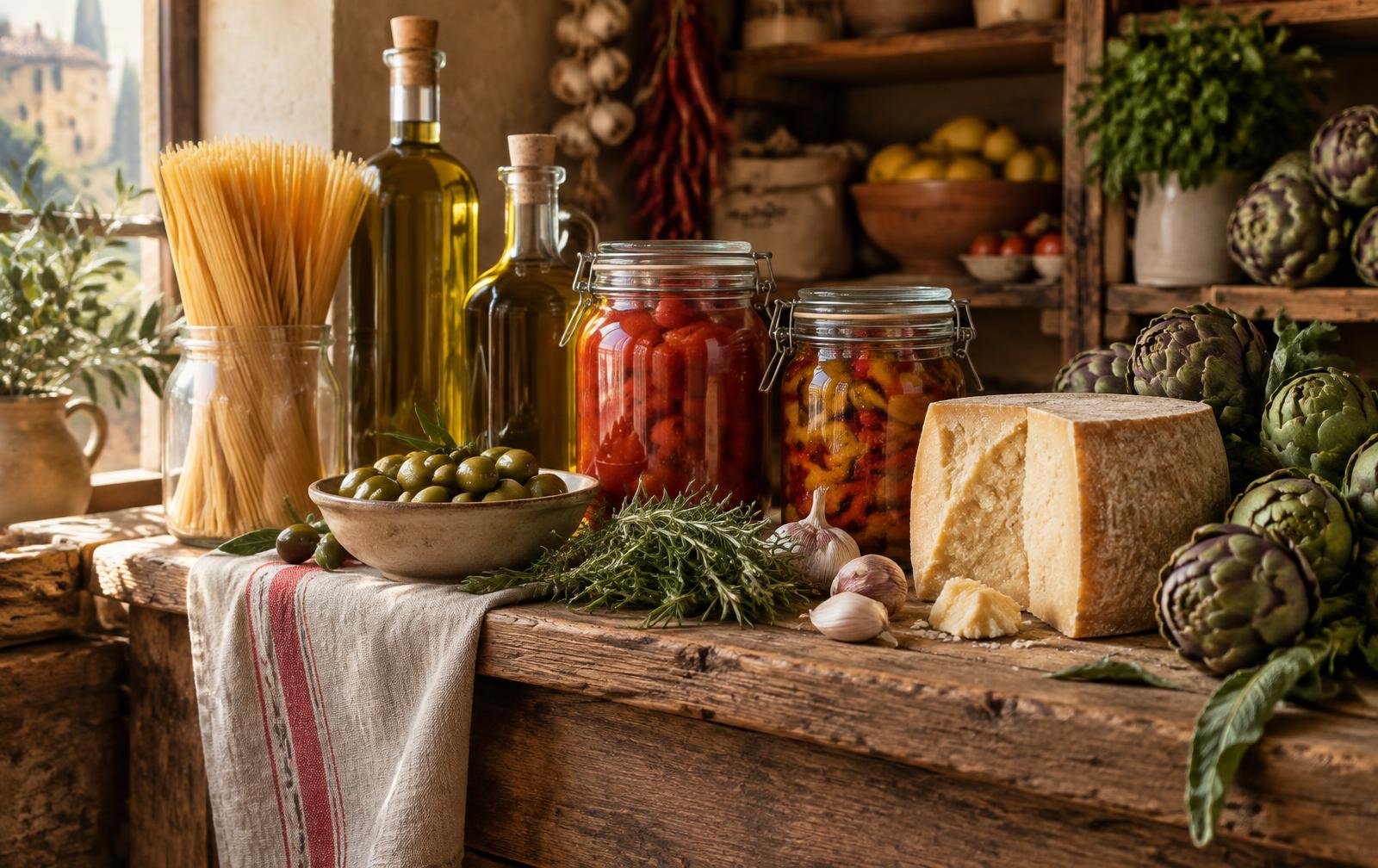 An old wooden market shelf with spaghetti, olive oil, jars of preserved tomatoes and peppers, aged cheese, olives and artichokes