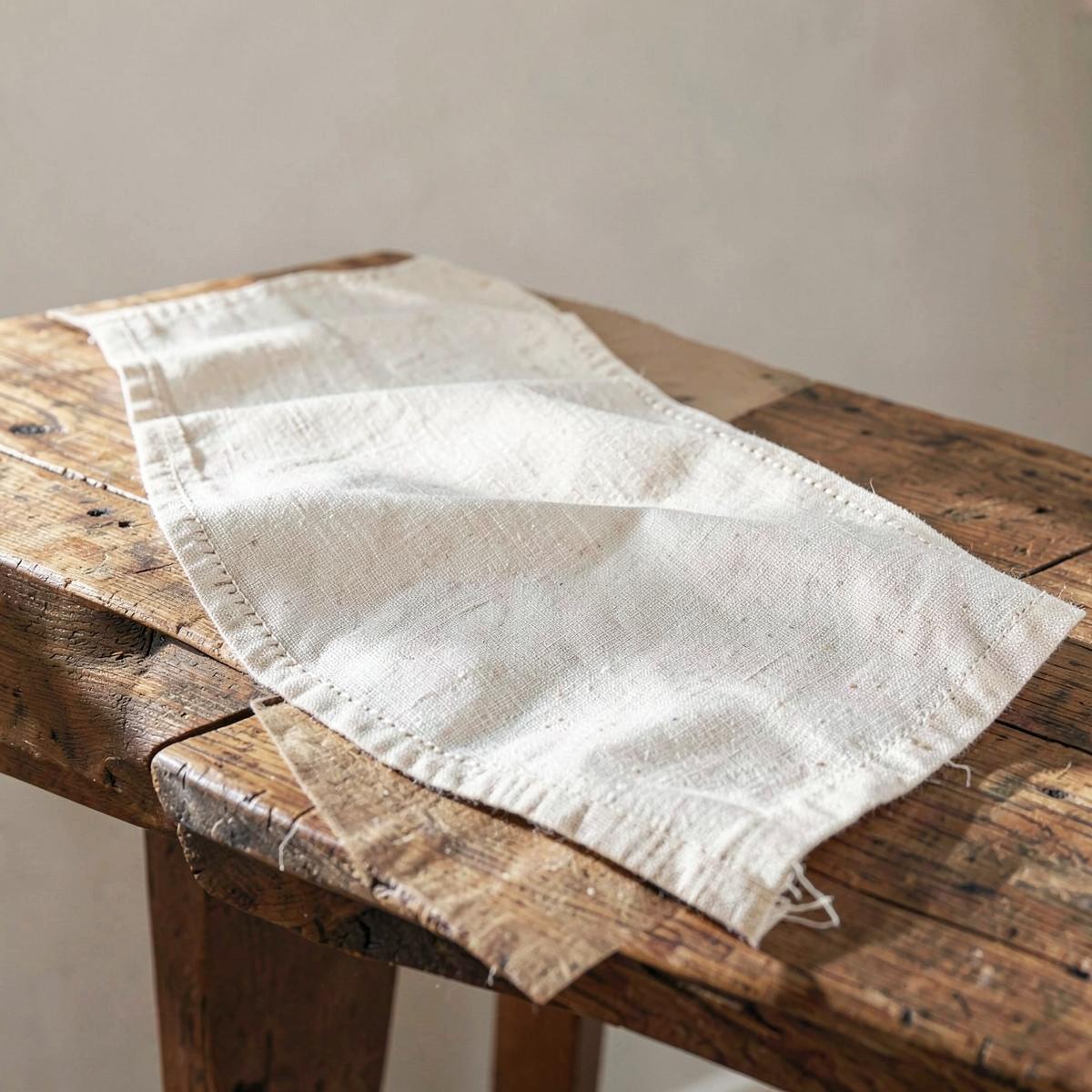 Natural linen table runner on a wooden table